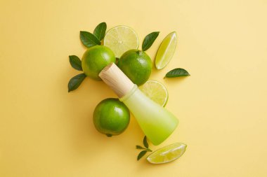 Ahşap kapaklı boş etiket kavanozu kireç ve açık arkaplanda yeşil yapraklarla düzenleniyor. Lime (Citrus aurantiifolia) yaşlanma sürecini yavaşlatmak için kullanılır.