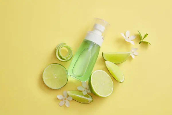 Flat Lay Transparent Pump Bottle Filled Green Liquid Extracted Lime — Stock Photo, Image