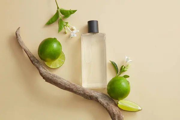 A tree branch with transparent mist spray filled with liquid inside, displayed with Lime slices and flowers. Empty space for natural beauty product of Lime (Citrus aurantiifolia) extract advertising