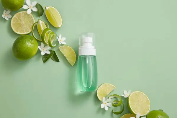 Transparent Bottle Containing Blue Liquid Displayed White Flowers Leaves Lime — Stock Photo, Image