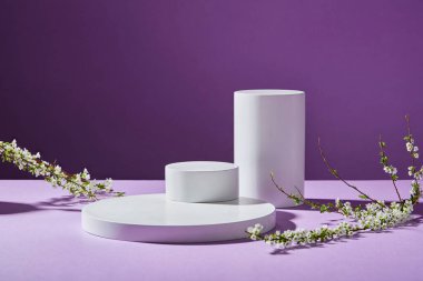 Beyaz renkli daire ve silindir podyumlar kozmetik ürünleri göstermek için birkaç beyaz çiçek dallarıyla süslenmiş.