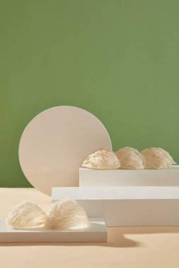 Yenilebilir kuş yuvaları beyaz podyumlara ya da pastel yeşil arka planda dekore edilmiş kaidelere yerleştirilir. Ürün sunumu için boş alan. Kuş yuvası sağlıklı ve parlayan deriyi teşvik eder. Sağlık hizmetleri kavramı
