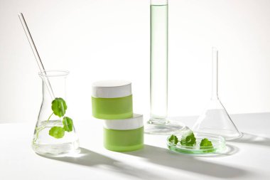 Boş etiket kavanozları ve cam çubuklu Erlenmeyer şişesi ve gotik kola yaprakları. Gotu kola (Centella asiatica) 'dan elde edilen kozmetik ürünler için laboratuvar kavramı)