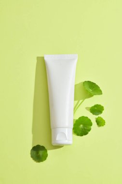 Pastel arka planda, gotik kola yapraklarıyla süslenmiş boş etiketli beyaz bir tüp. Doğal ve organik güzellik ürünleri kavramı.