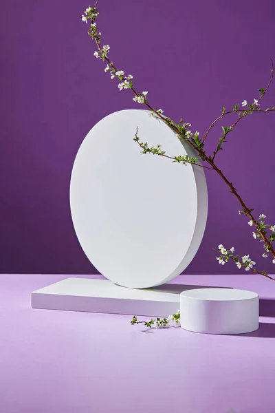 Rectangle Podium Pedestal White Color Decorated White Flower Branch Purple — Stock Photo, Image