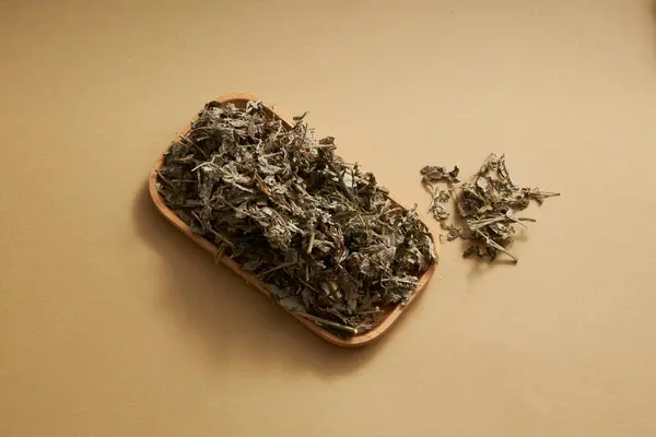 Beżowym Tle Zdobione Jest Danie Mugwort Mugwort Artemisia Vulgaris Pomaga — Zdjęcie stockowe