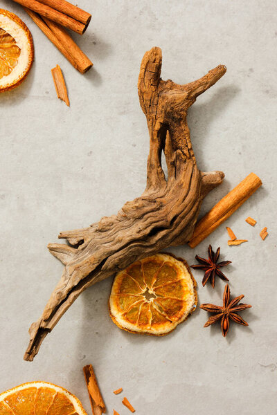 Flat lay of cinnamon sticks, star anise and dried orange slices with a big tree branch decorated on light background. Healthy lifestyle concept. Empty area for text or product advertisements