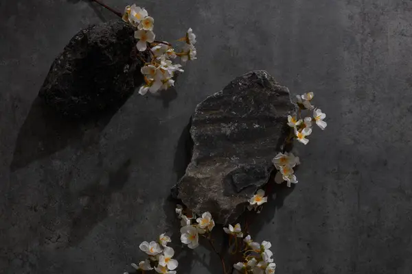 黒い背景に黒い石と白い花が2つあります テキストの空白スペース — ストック写真