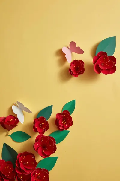 Yellow Background Several Red Blossoms Embellished Top View Overhead Empty — Stock Photo, Image