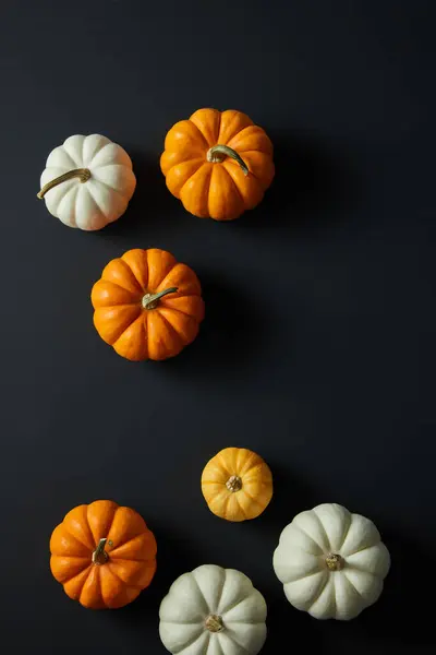 Halloween Flat Lay Composition Pumpkins Black Background Blank Space Product — Stock Photo, Image
