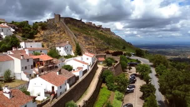 Съемка Воздушной Сковороды Исторического Марвао Замком Высокой Скале Алентежу Португалия — стоковое видео