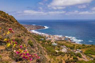View from the lookout point to the small village Mosteiros on the Atlantic coast of Fogo Island, Cape Verde Islands
