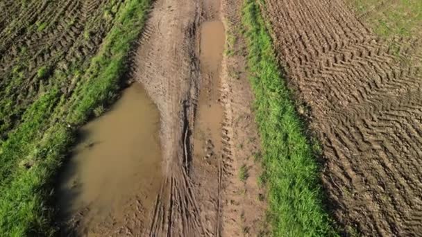 Aerial Drone Overhead Shot Flying Country Dirt Road Puddles Mud — Stock video