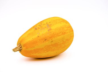 A yellow striped garden pumpkin from organic cultivation as healthy food exposed with focus stacking in front of white background in studio