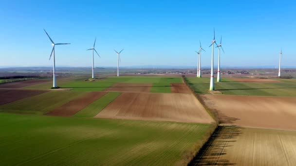 Aerial Video Footage Several Rotating Wind Turbines Produce Renewable Energy — Stock Video