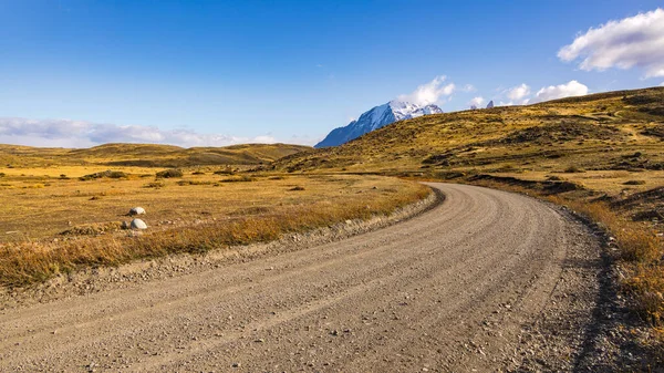 Patagonya 'nın otlaklarından uzak dağ kitlesi Torres del Paine, Şili, Patagonya, Güney Amerika' ya çakıl yolu.