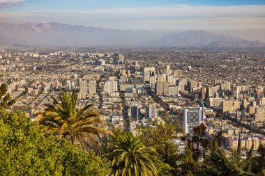Palmiye ağaçları ve şehrin Santiago de Chile şehrinin muhteşem manzarası ile akşam atmosferi ve And Dağları Cerro San Cristobal, Şili, Güney Amerika perspektifinden