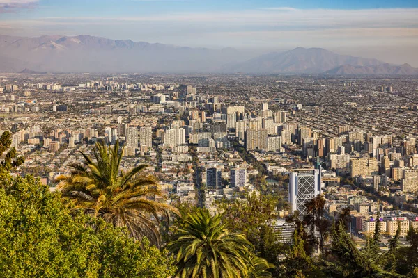 stock image Evening atmosphere with palm trees and spectacular view of the city of Santiago de Chile on the city and the Andes from the viewpoint Cerro San Cristobal, Chile, South America