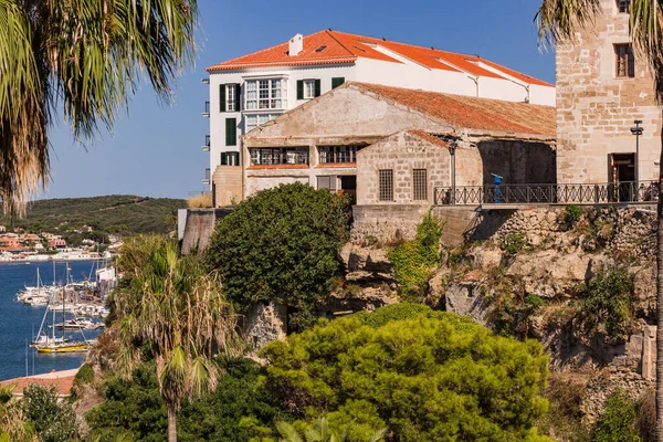 Stock image View from viewpoint Mirador del Pont des Castell on palm trees and old town of Mahon, Menorca island, Balearic Islands, Spain