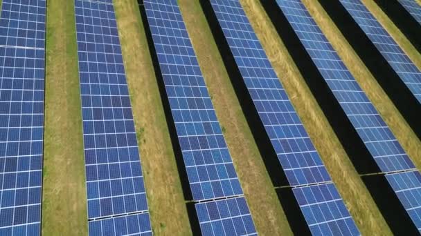 Veduta Aerea Sorvolando Parco Solare Con File Moduli Solari Generare — Video Stock