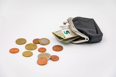 Avro sikkeleri ve 5 avroluk banknotlar bir cüzdanda küçük bir bozukluk olarak para değişimi