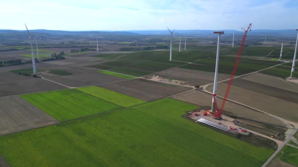 Aerial View Construction Site Erection Several Wind Turbines Rural Area — Stock Video