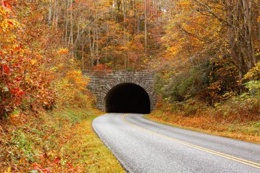 Eski bir taş tünel Kuzey Carolina 'daki Blue Ridge Parkway' in muhteşem sonbahar renkleri için zemin hazırlıyor.