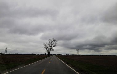 Sonbaharda, Madison County, Ohio 'da Bulutlu bir günde Yalnız Ülke Yolu Manzarası
