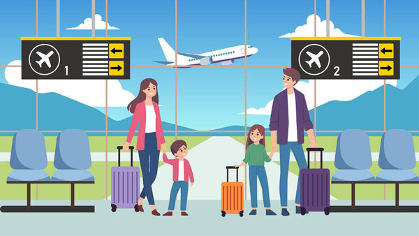 Family Airport Journey: Family of four at airport terminal with luggage, holding hands, watching a plane take off through large windows. Flight boards show gates 1 and 2.