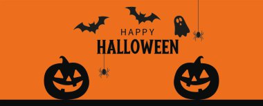 İki gülümseyen balkabağı fener, üç uçan yarasa, sallanan bir örümcek ve Mutlu Cadılar Bayramı metnini çevreleyen bir hayalet ikonu ile süslenmiş renkli turuncu taşıyıcı pankart..