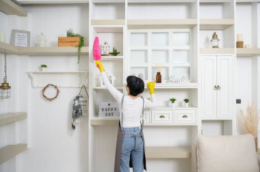 Mutlu Asyalı genç kadın kanepe ve mobilyaları temizliyor, sağlıklı yaşam tarzı konsepti