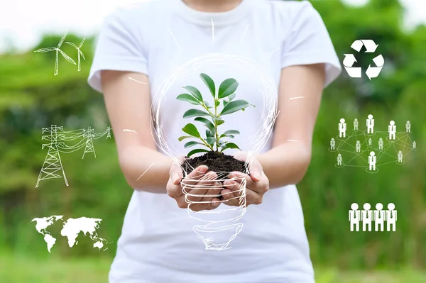 Close Vrouw Hand Holding Plant Ecologisch Duurzaam Sparen Aarde Futuristisch — Stockfoto