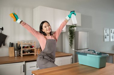 Mutlu Asyalı genç kadın kanepe ve mobilyaları temizliyor, sağlıklı yaşam tarzı konsepti