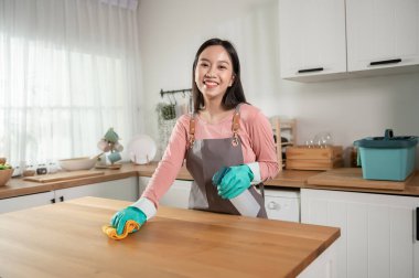 Mutlu Asyalı genç kadın kanepe ve mobilyaları temizliyor, sağlıklı yaşam tarzı konsepti