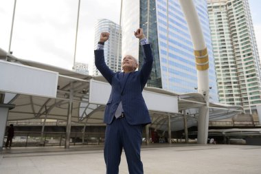 Happy senior  businessman celebrating successful of project in modern city