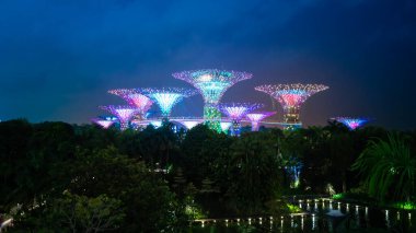 Singapore City, Singapore - dec 27, 2022: Aerial top view of  super tree grove architecture at night in garden landmark by the Bay and Marina Bay Sands hotel . Singapore.