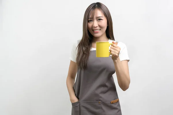 Portrait Young Asian Woman Wearing Apron White Background Studio Cooking — Fotografia de Stock