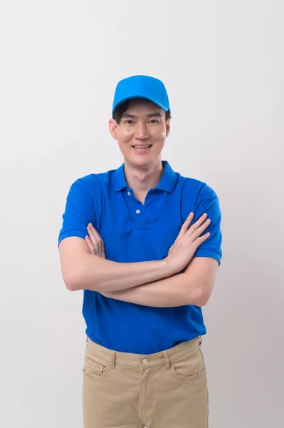 Asian Young Technician Service Man Wearing Blue Uniform White Background — Stock Photo, Image