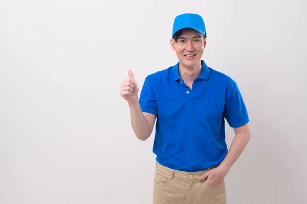 Egy Ázsiai Fiatal Technikus Szolgálat Férfi Visel Kék Egyenruhát Fehér — Stock Fotó