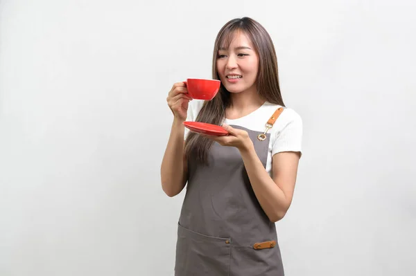 Portrait Young Asian Woman Wearing Apron White Background Studio Cooking — Stockfoto
