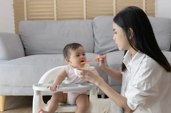 stock image A Young mother helping baby eating blend food on baby chair