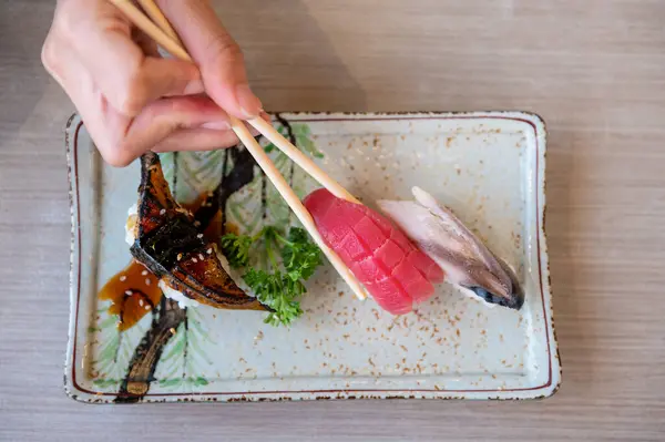 Sushi Japanese Style Fresh Serve White Plate — Stock Photo, Image