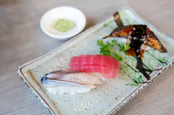 Sushi Japanese Style Fresh Serve White Plate — Stock Photo, Image
