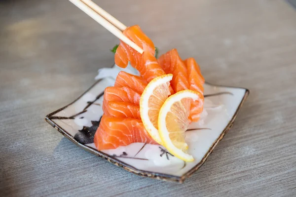 Salmon Sashimi Japanese Style Fresh Serve White Plate — Stock Photo, Image