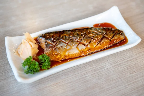 Saba Grilled Mackerel Japanese Food White Plate — Stock Photo, Image