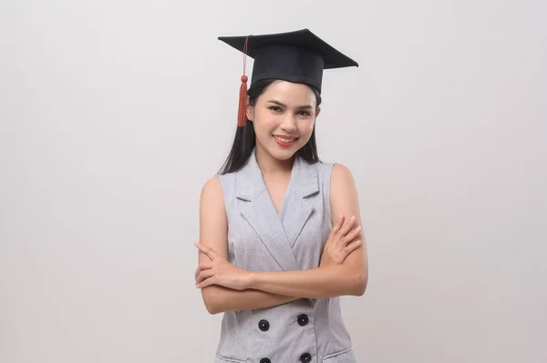 Joven Mujer Sonriente Con Sombrero Graduación Educación Concepto Universitario —  Fotos de Stock