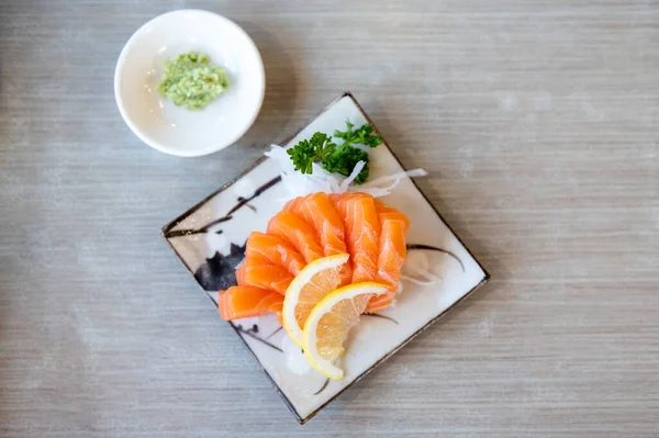 Salmon Sashimi Japanese Style Fresh Serve White Plate — Stock Photo, Image