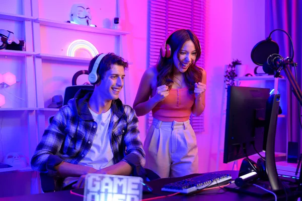 Young Professionals Play Video Games Together Live Streaming Matches Speak — Stock Photo, Image