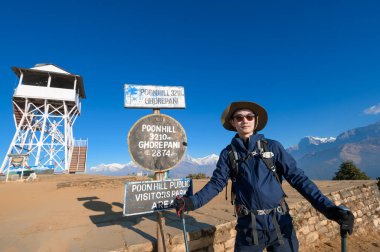 Genç bir gezgin Poon Hill 'de yürüyor Ghorepani, Nepal' deki bakış açısına göre