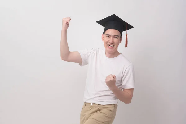 Young Smiling Man Holding Graduation Hat Education University Concept — Stock Photo, Image